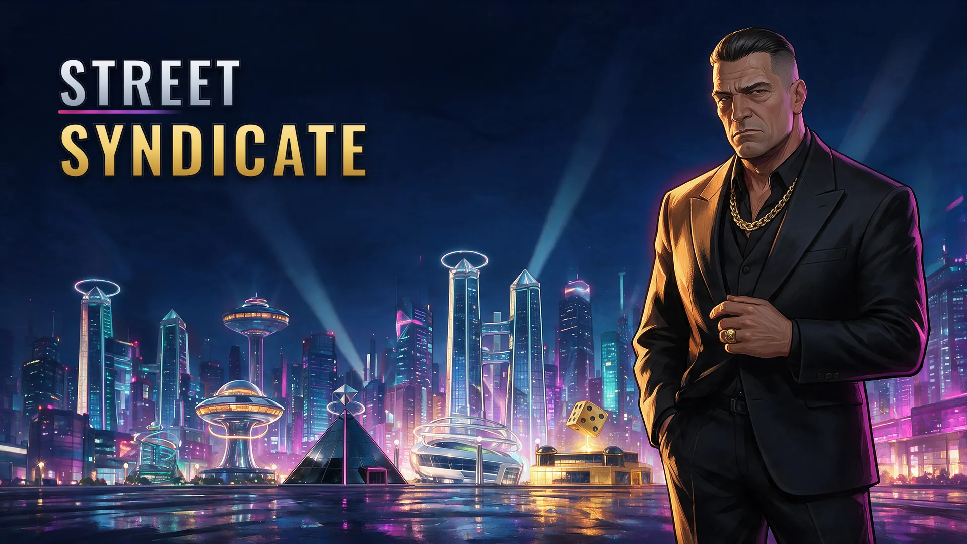 Street Syndicate key art: a boss in a black suit in front of a futuristic city skyline at night